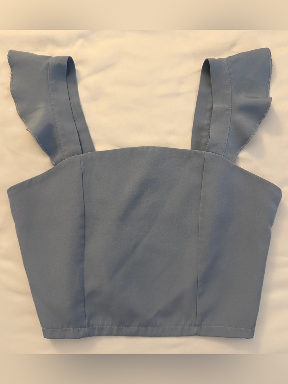 Blue Ruffle-Strap Crop Top